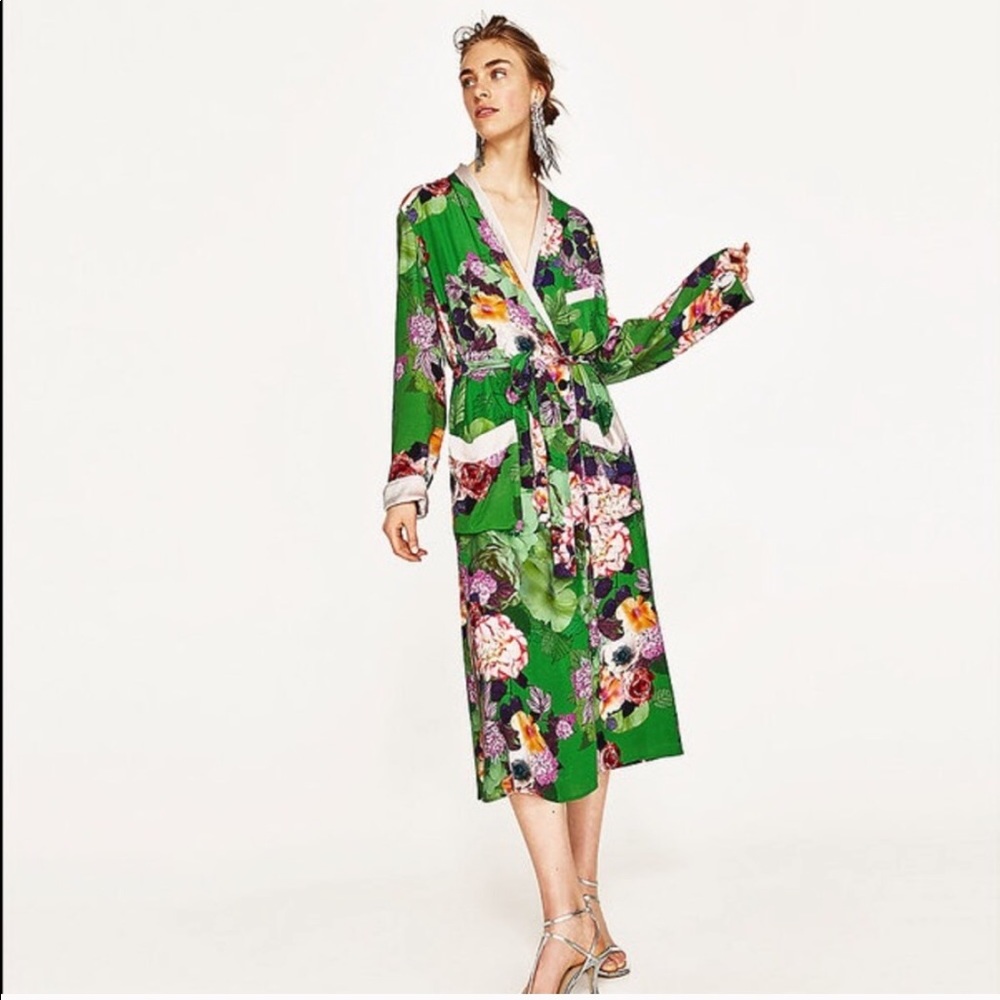 Zara Green Floral Print Kimono Coat,
